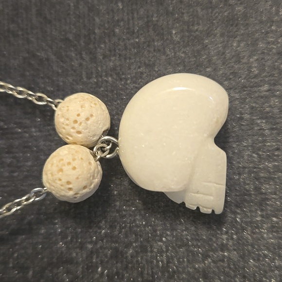 Carved White Jade Skull & Lava Stone Healing & Protection Natural Stone Necklace - Picture 4 of 6